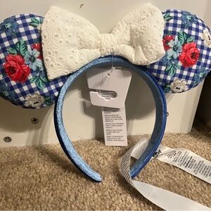 Minnie ear headband blue checkered with roses